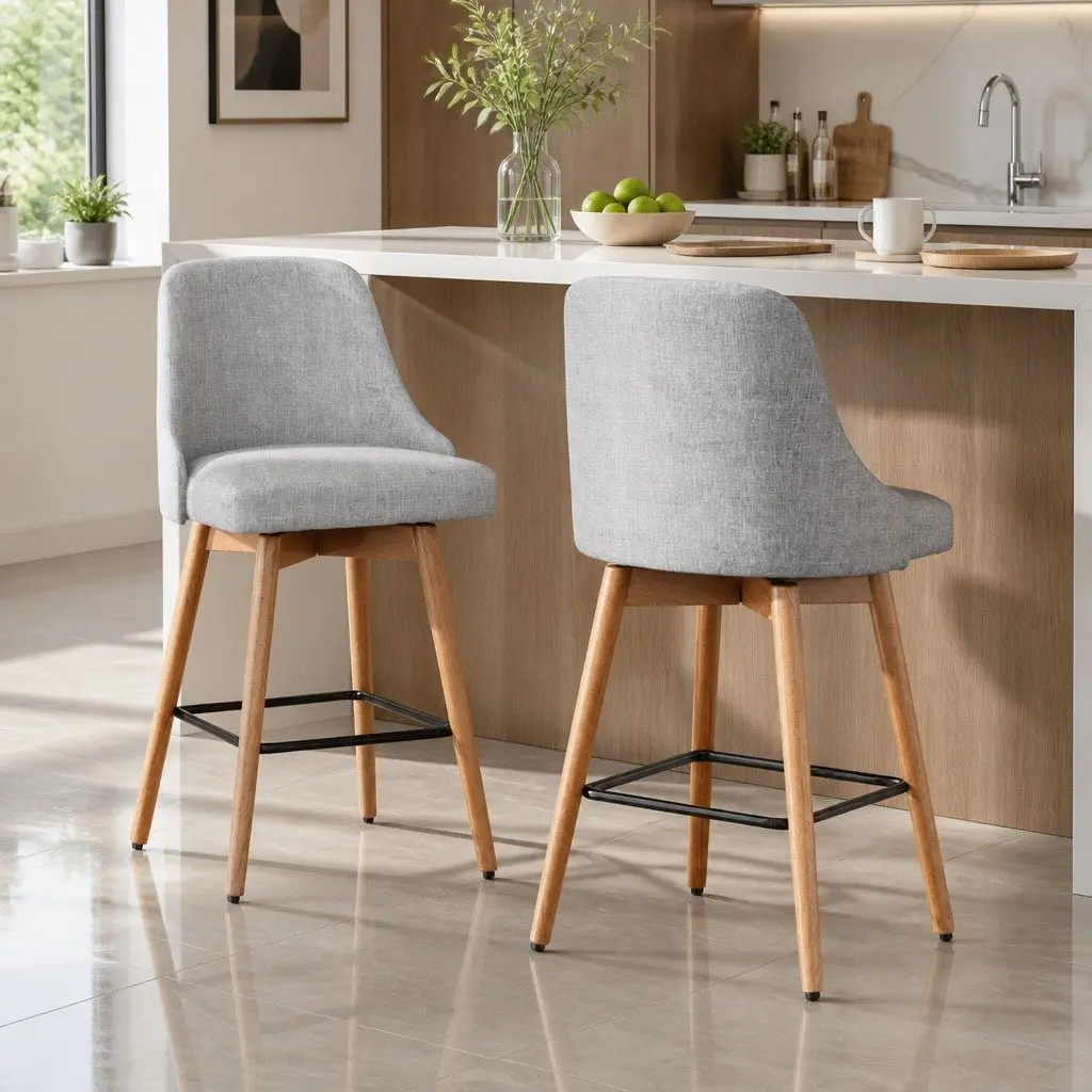 Bar Stools Swivel Seat Wooden Light Grey Kitchen Counter Height 44 cm W x 44 cm D x 96 cm H Set of 2