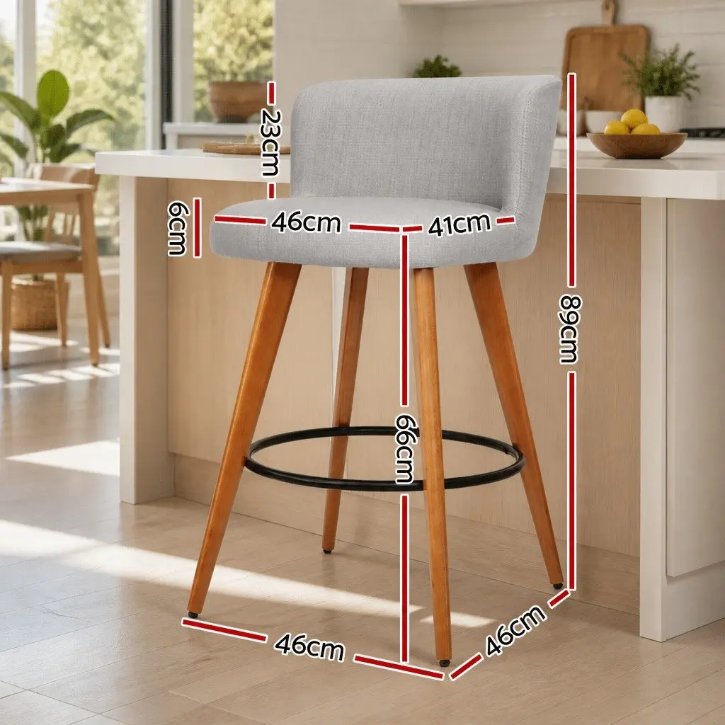 Bar Stools Padded Wooden Linen Seat Backrest Anti-Slip Footrest Grey Set of 2