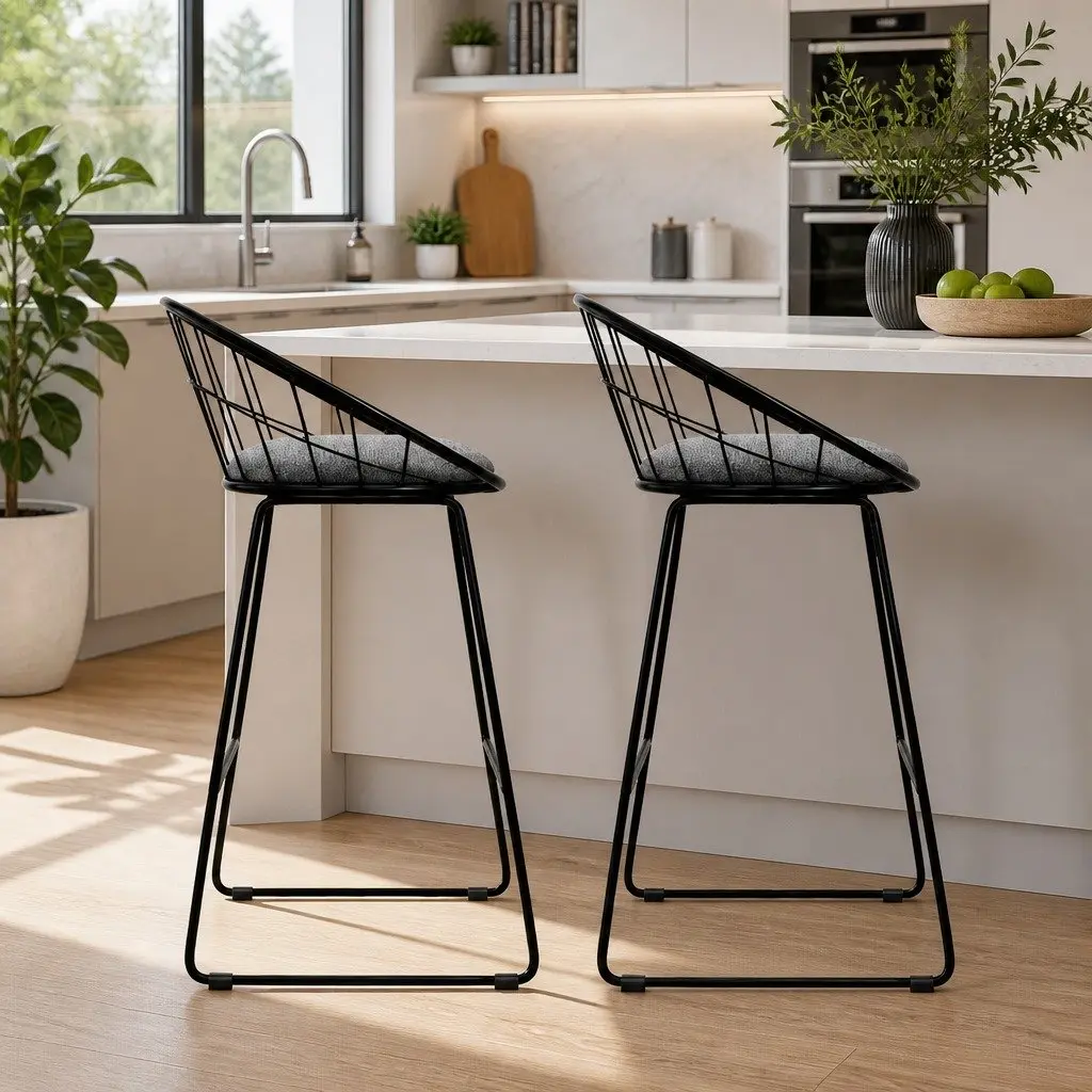 Bar Stools Padded Seat Metal Frame Black Kitchen Counter Height Set of 2