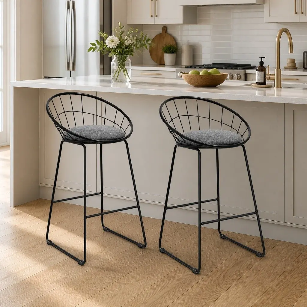 Bar Stools Padded Seat Metal Frame Black Kitchen Counter Height Set of 2