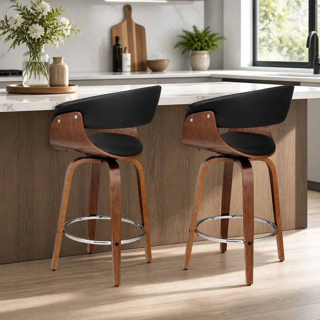 Bar Stools Swivel Seat Wooden Frame Black PU Leather Padded Armrest Chrome 2 Piece