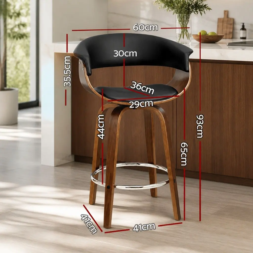 Bar Stools Swivel Seat Wooden Frame Black PU Leather Padded Armrest Chrome 2 Piece