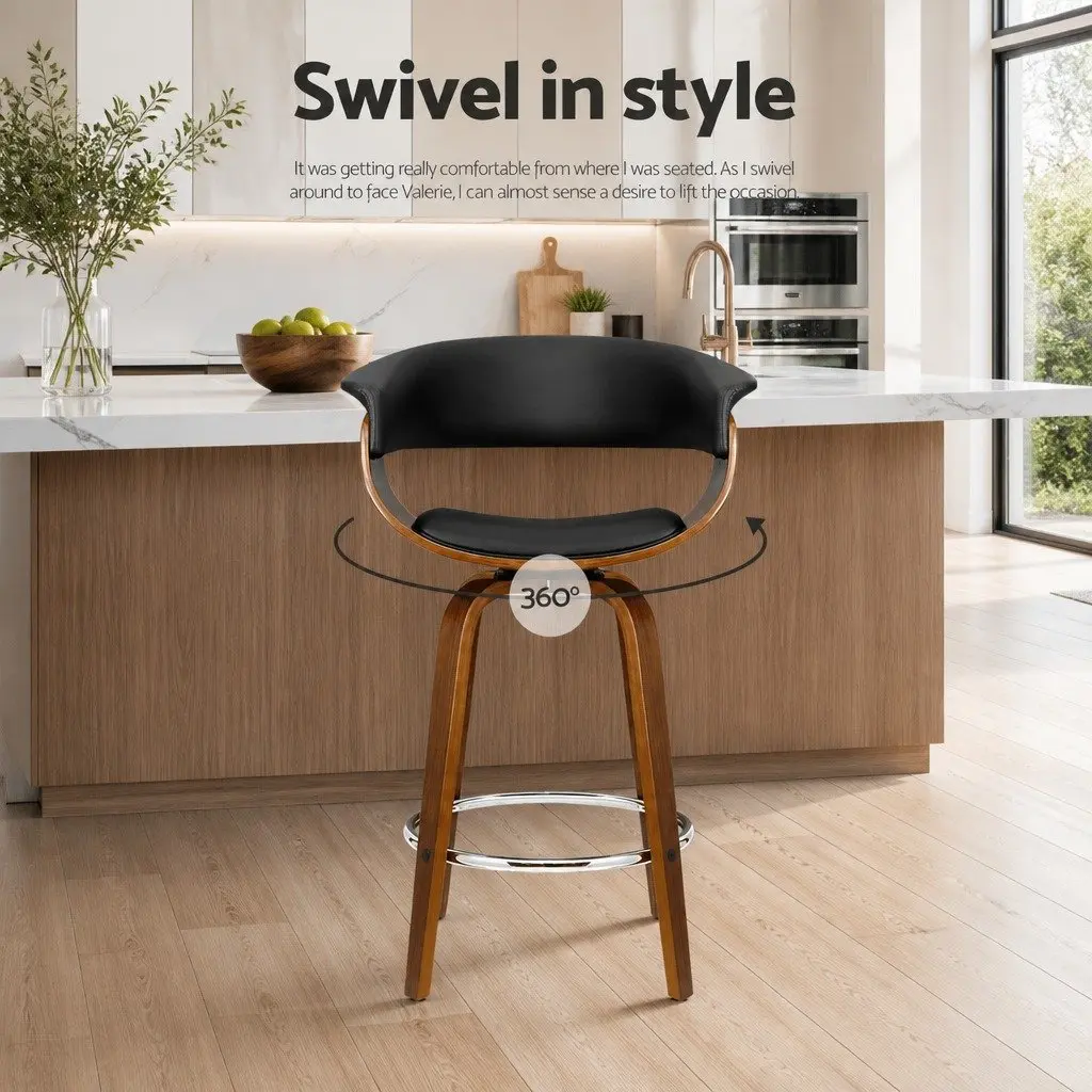 Bar Stools Swivel Seat Wooden Frame Black PU Leather Padded Armrest Chrome 2 Piece