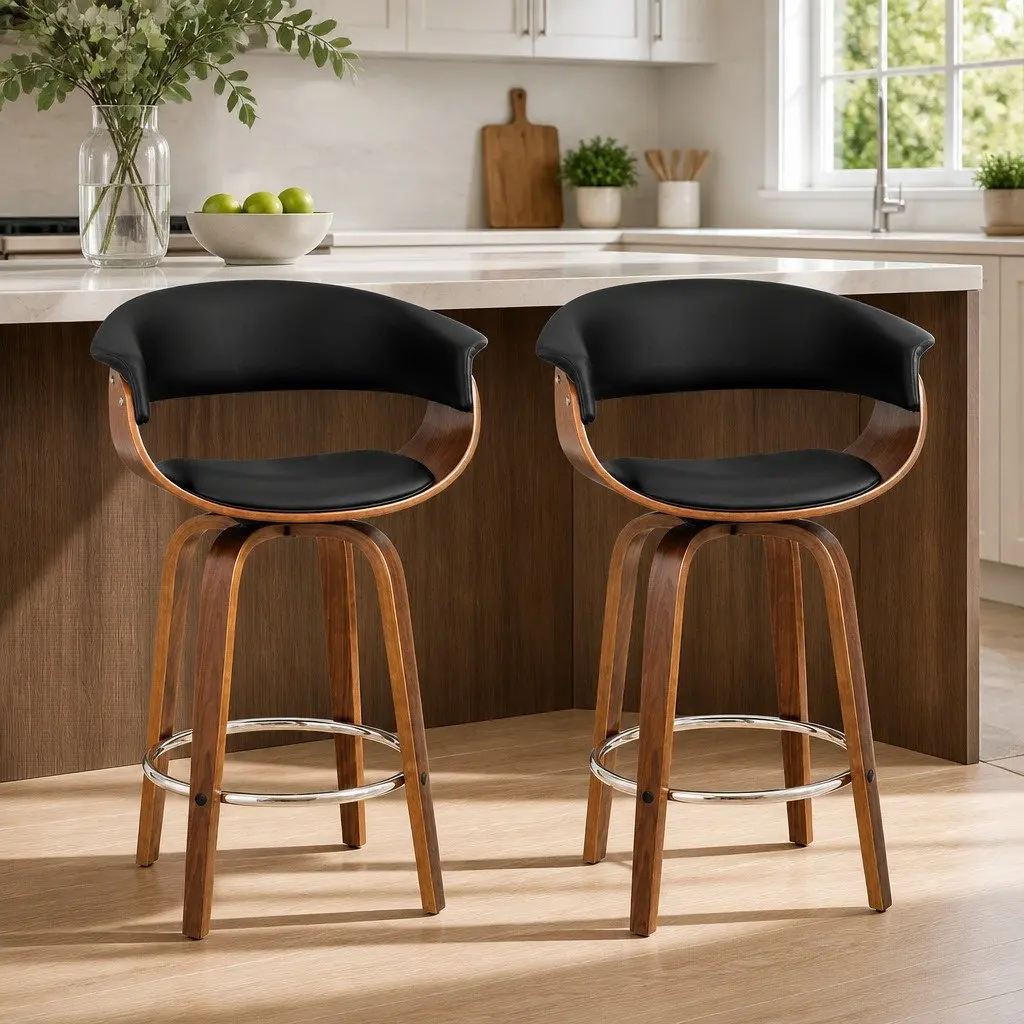 Bar Stools Swivel Seat Wooden Frame Black PU Leather Padded Armrest Chrome 2 Piece