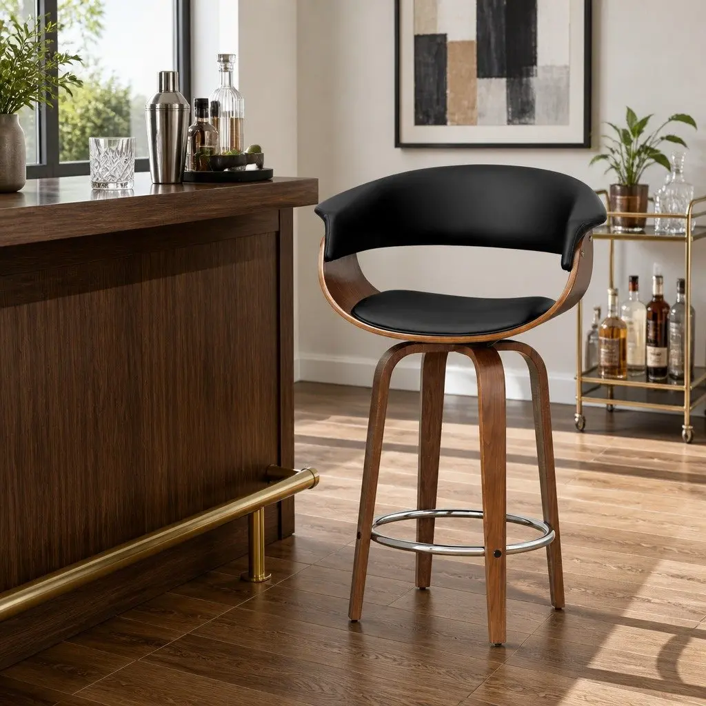 Bar Stools Swivel PU Seat Wooden Frame Black Padded Armrest 93cm Height