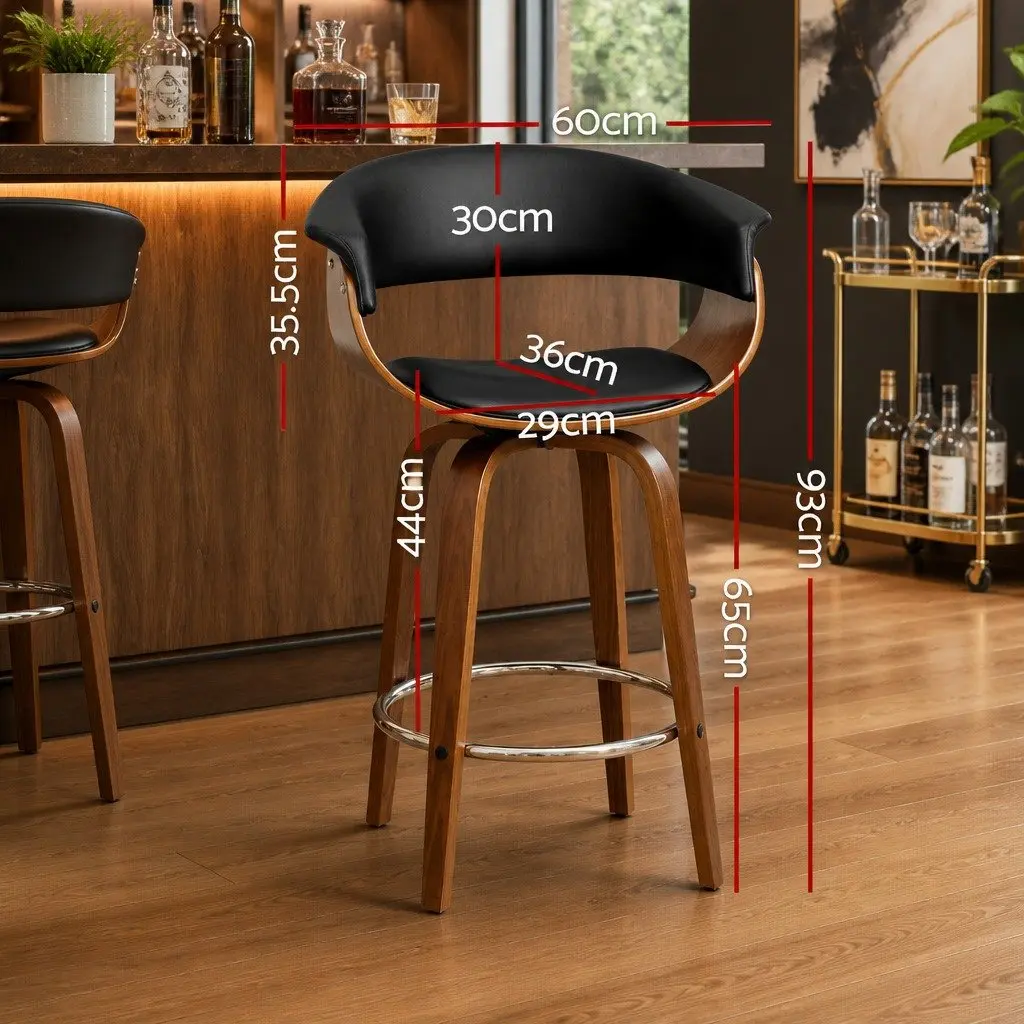 Bar Stools Swivel PU Seat Wooden Frame Black Padded Armrest 93cm Height