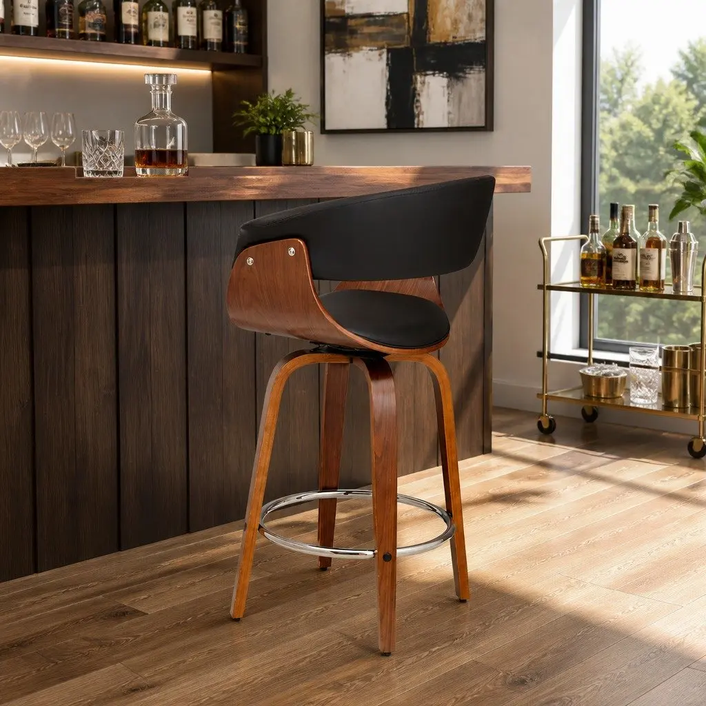 Bar Stools Swivel PU Seat Wooden Frame Black Padded Armrest 93cm Height