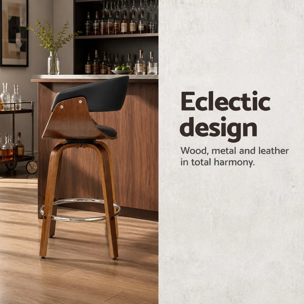 Bar Stools Swivel PU Seat Wooden Frame Black Padded Armrest 93cm Height