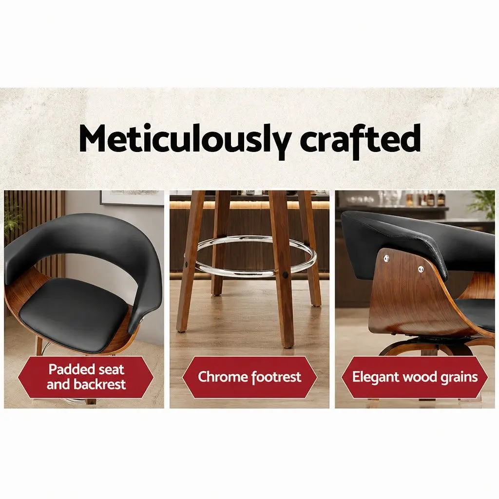 Bar Stools Swivel PU Seat Wooden Frame Black Padded Armrest 93cm Height