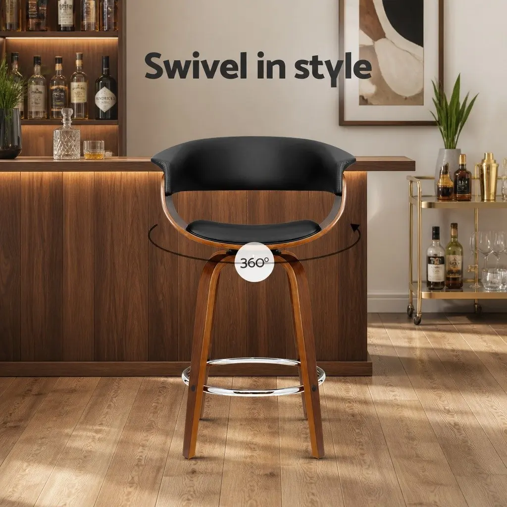 Bar Stools Swivel PU Seat Wooden Frame Black Padded Armrest 93cm Height