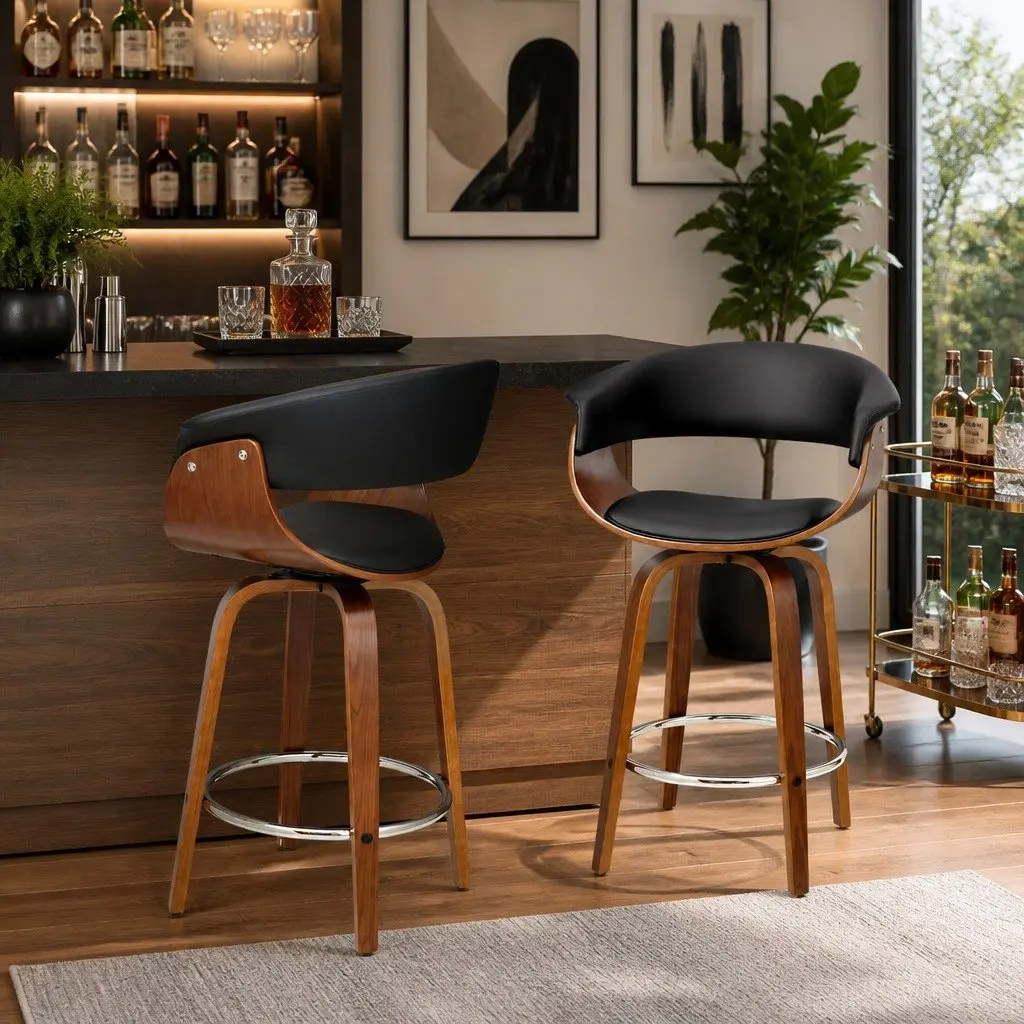 Bar Stools Swivel PU Seat Wooden Frame Black Padded Armrest 93cm Height