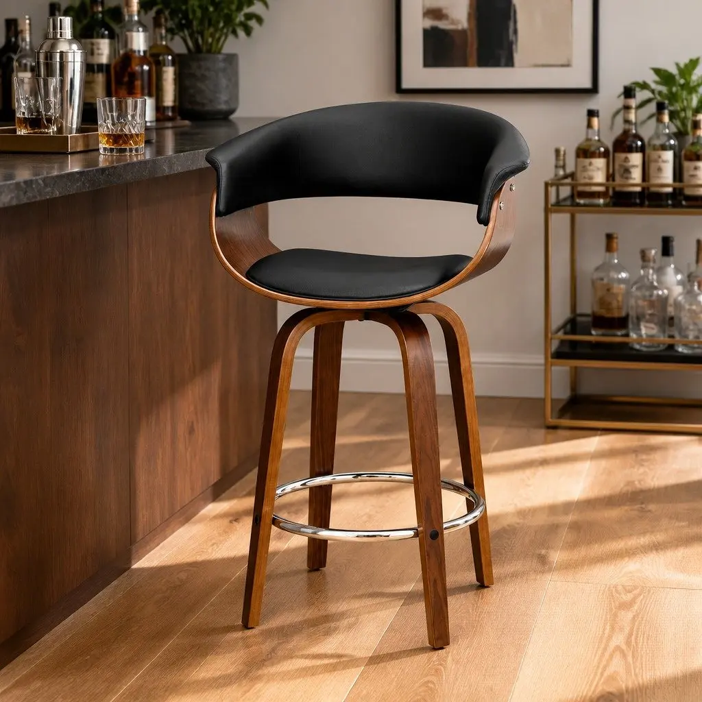 Bar Stools Swivel PU Seat Wooden Frame Black Padded Armrest 93cm Height