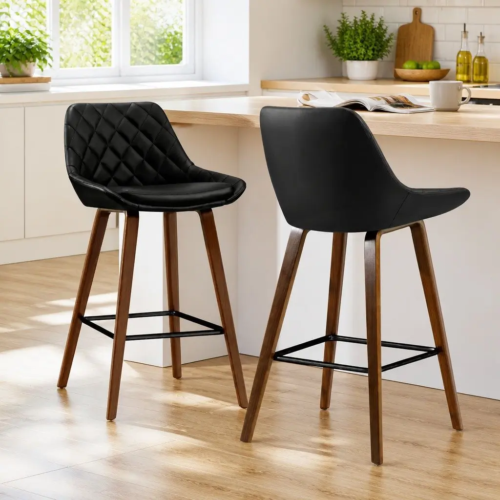 Bar Stools PU Leather Seat Wooden Legs Black 2 Piece
