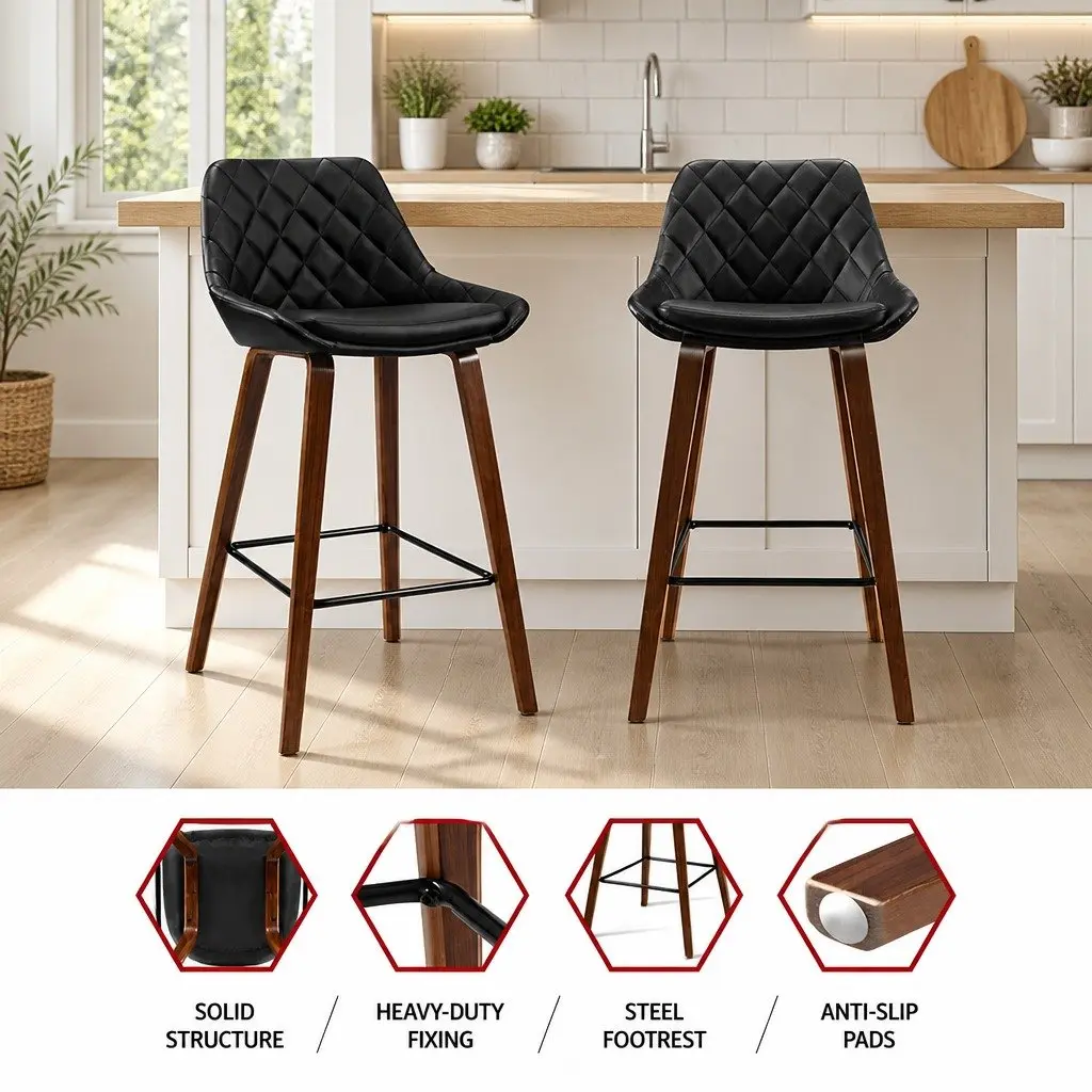 Bar Stools PU Leather Seat Wooden Legs Black 2 Piece