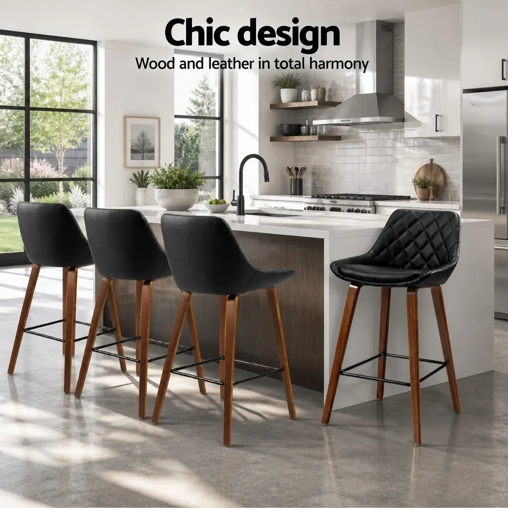 Bar Stools PU Leather Seat Wooden Legs Black Kitchen Counter Height 68cm