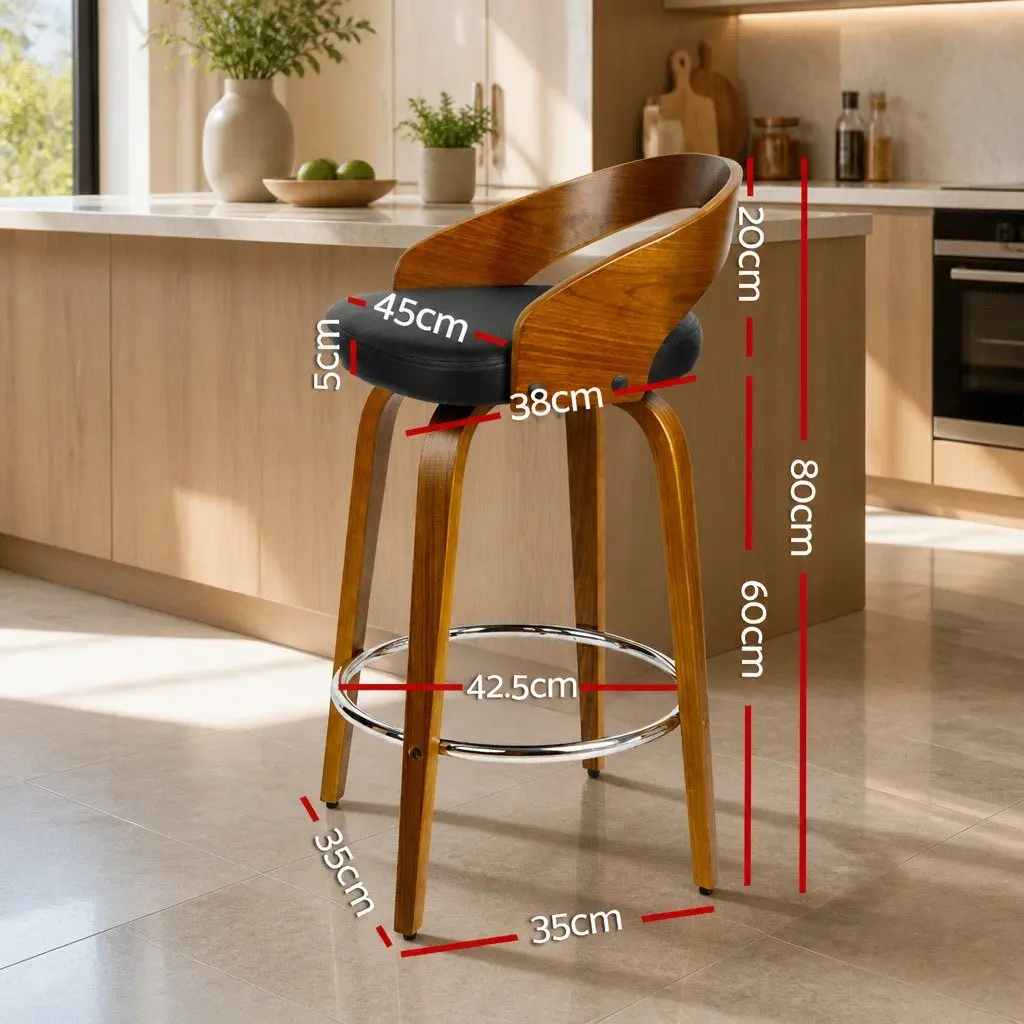 Bar Stools Swivel Seat Curved Backrest Walnut Wood Black PU Leather 2 Piece Set