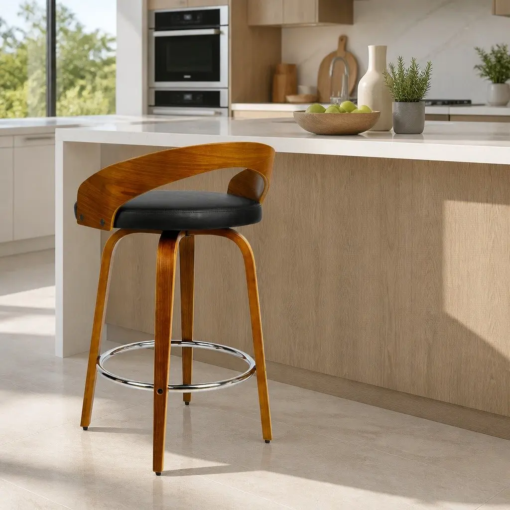 Bar Stools Swivel Seat Curved Backrest Walnut Wood Black PU Leather 2 Piece Set