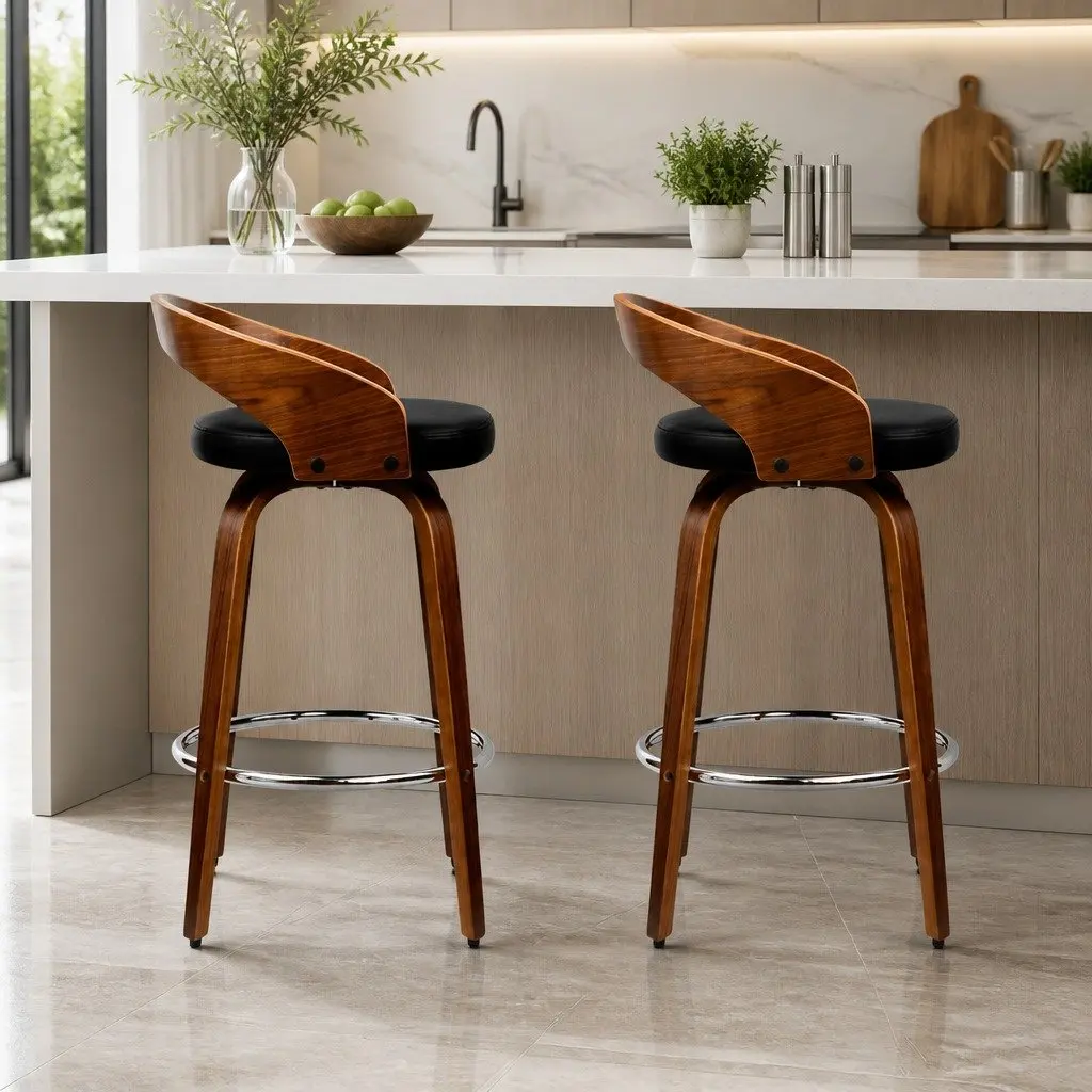 Bar Stools Swivel Seat Curved Backrest Walnut Wood Black PU Leather 2 Piece Set