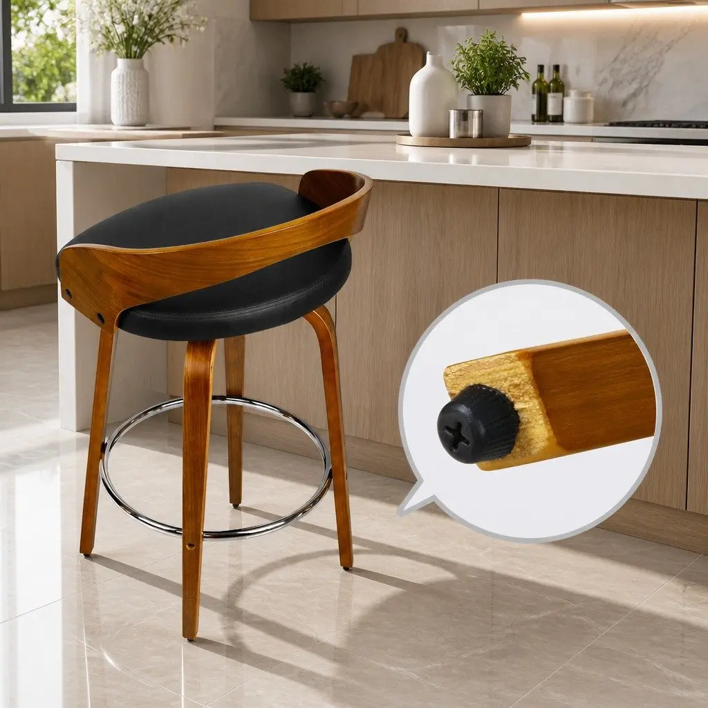 Bar Stools Swivel Seat Curved Backrest Walnut Wood Black PU Leather 2 Piece Set