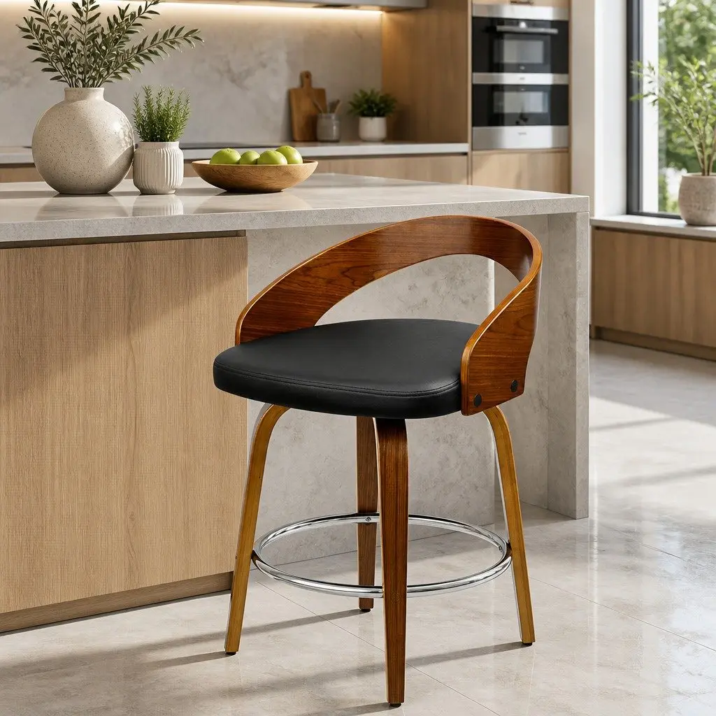 Bar Stools Swivel Seat Curved Backrest Walnut Wood Black PU Leather 2 Piece Set