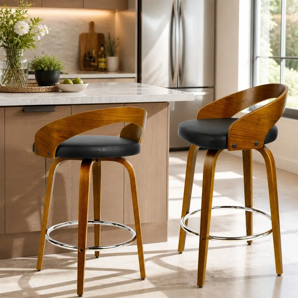 Bar Stools Swivel Seat Curved Backrest Walnut Wood Black PU Leather 2 Piece Set