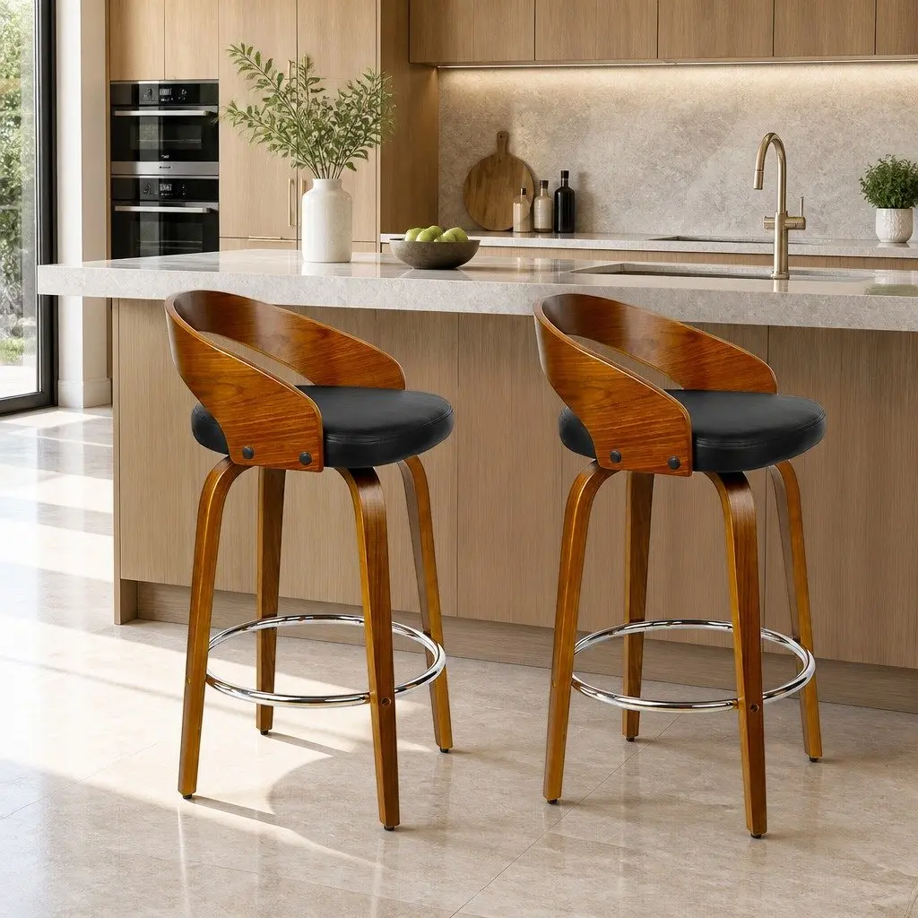 Bar Stools Swivel Seat Curved Backrest Walnut Wood Black PU Leather 2 Piece Set
