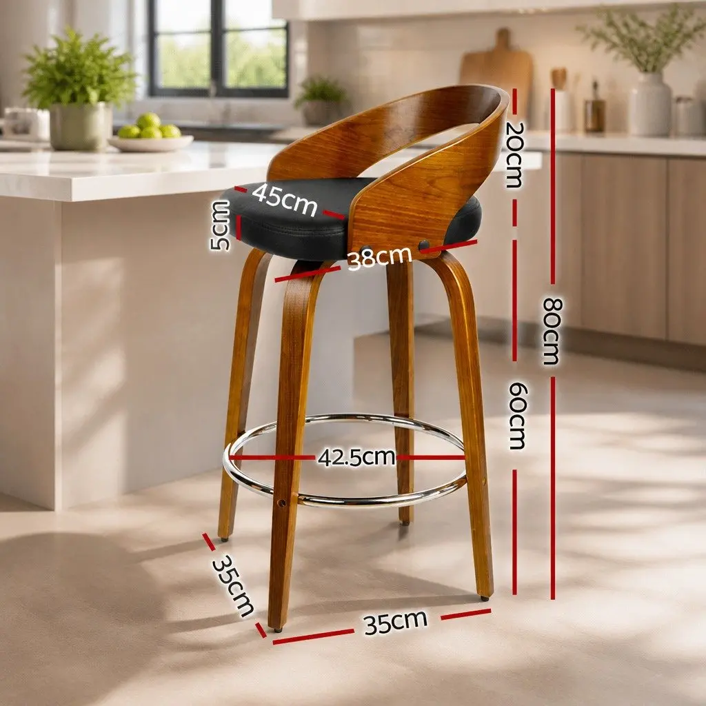 Bar Stools Set of 4 Swivel Seat Curved Backrest Black PU Leather Wooden