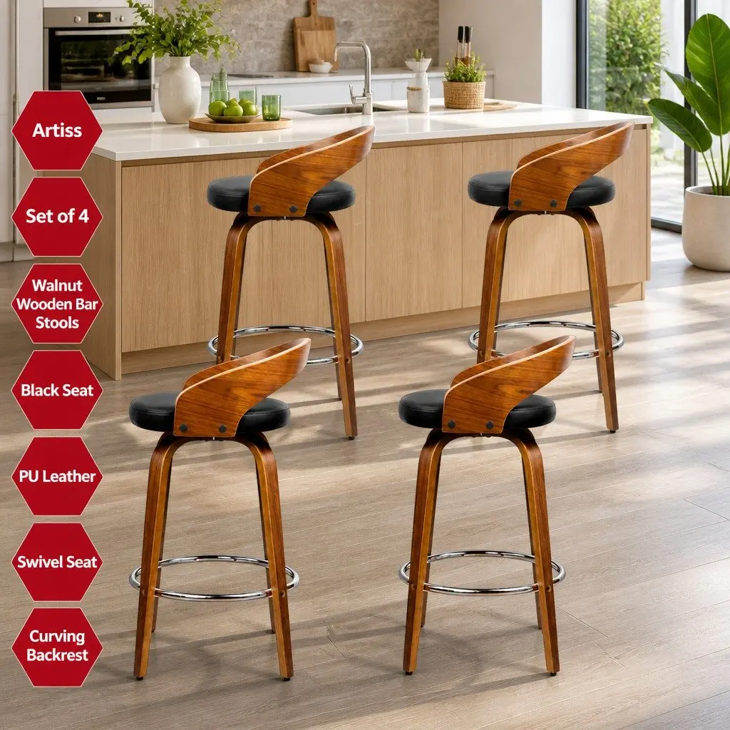 Bar Stools Set of 4 Swivel Seat Curved Backrest Black PU Leather Wooden