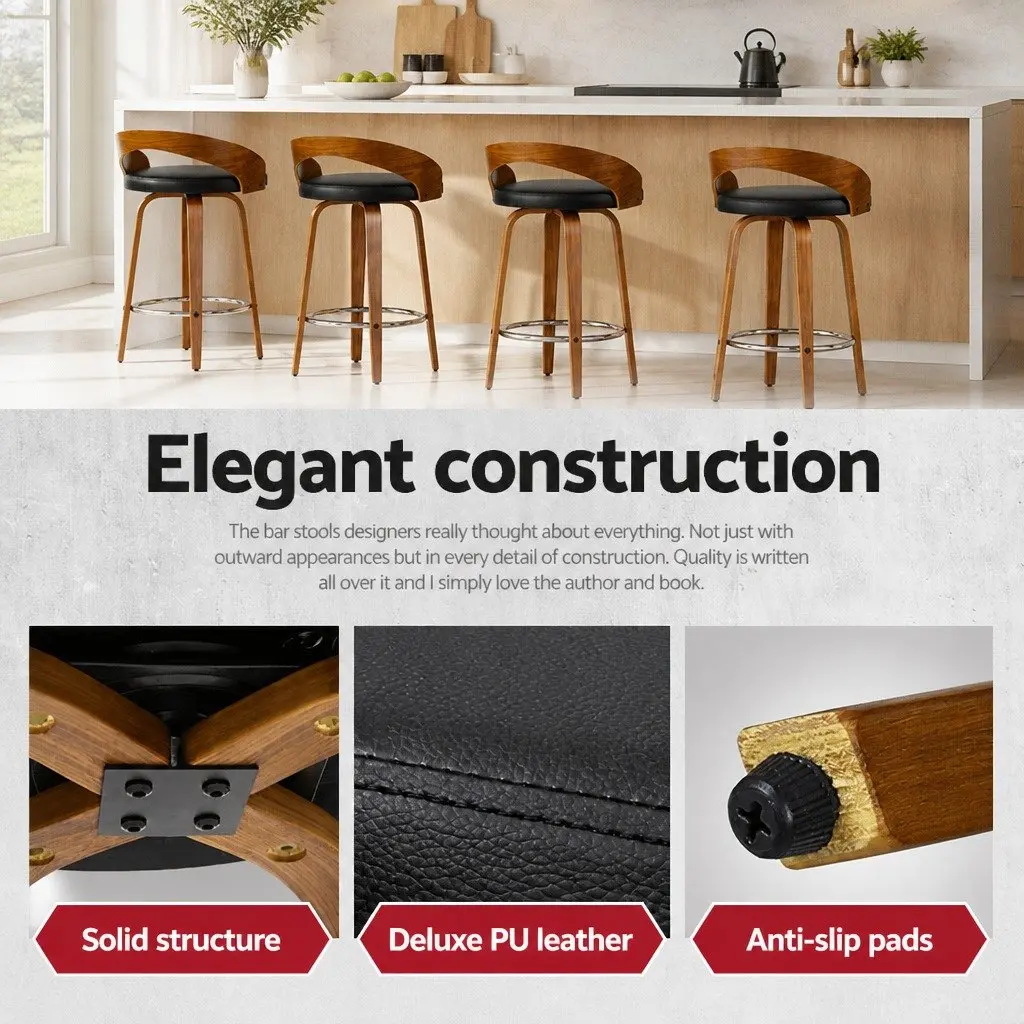 Bar Stools Set of 4 Swivel Seat Curved Backrest Black PU Leather Wooden