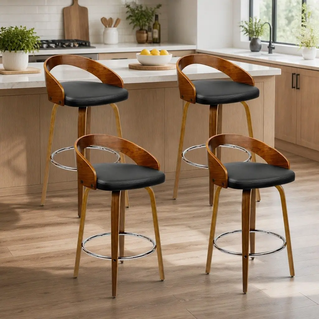 Bar Stools Set of 4 Swivel Seat Curved Backrest Black PU Leather Wooden