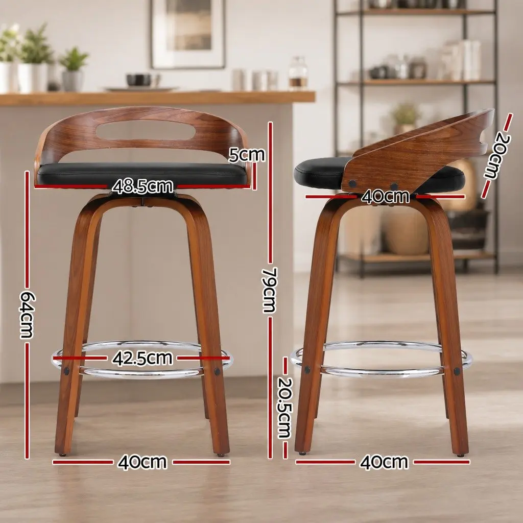 Bar Stools Swivel Dining Chairs Low Back Counter Seat PU Cushion Black Set of 2