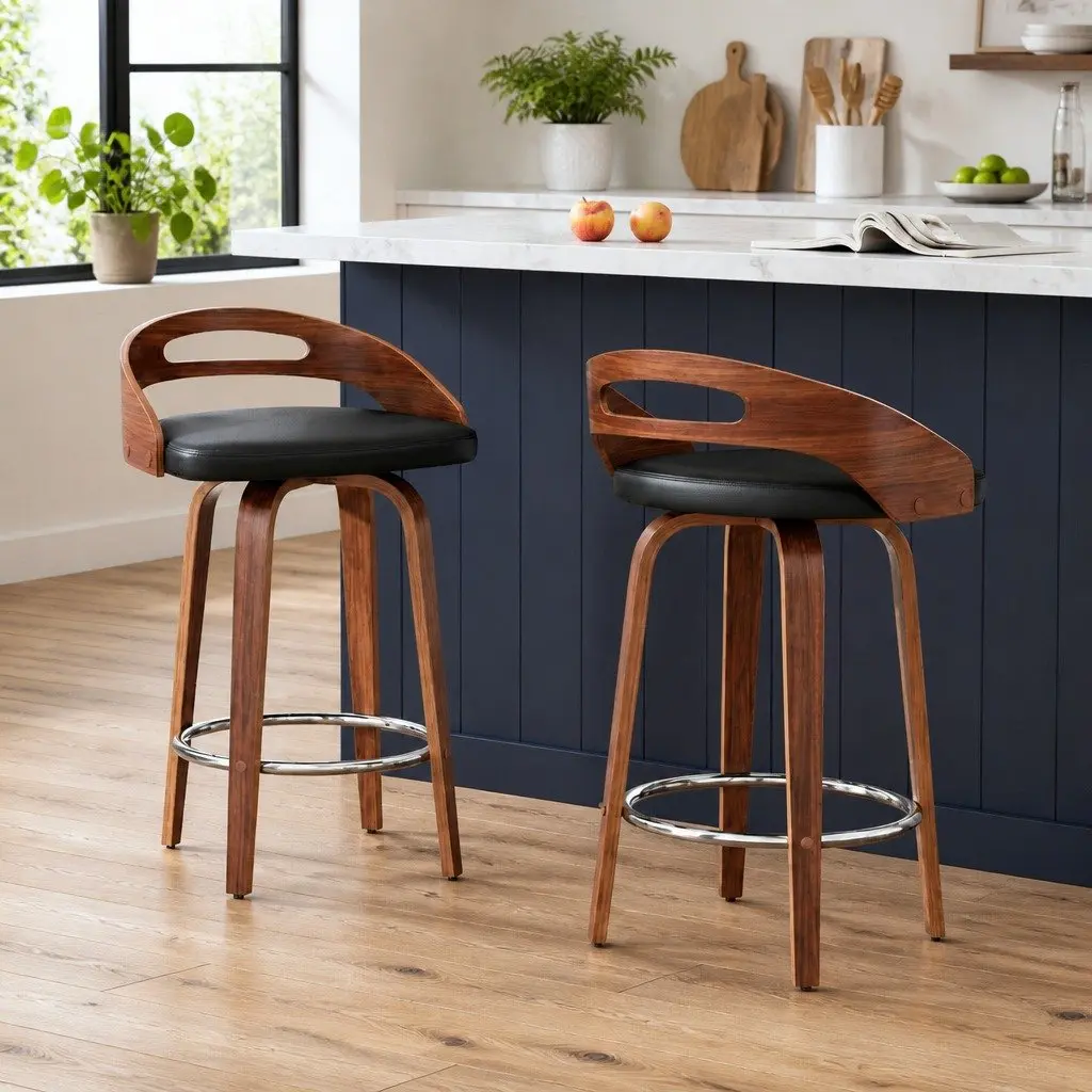 Bar Stools Swivel Dining Chairs Low Back Counter Seat PU Cushion Black Set of 2
