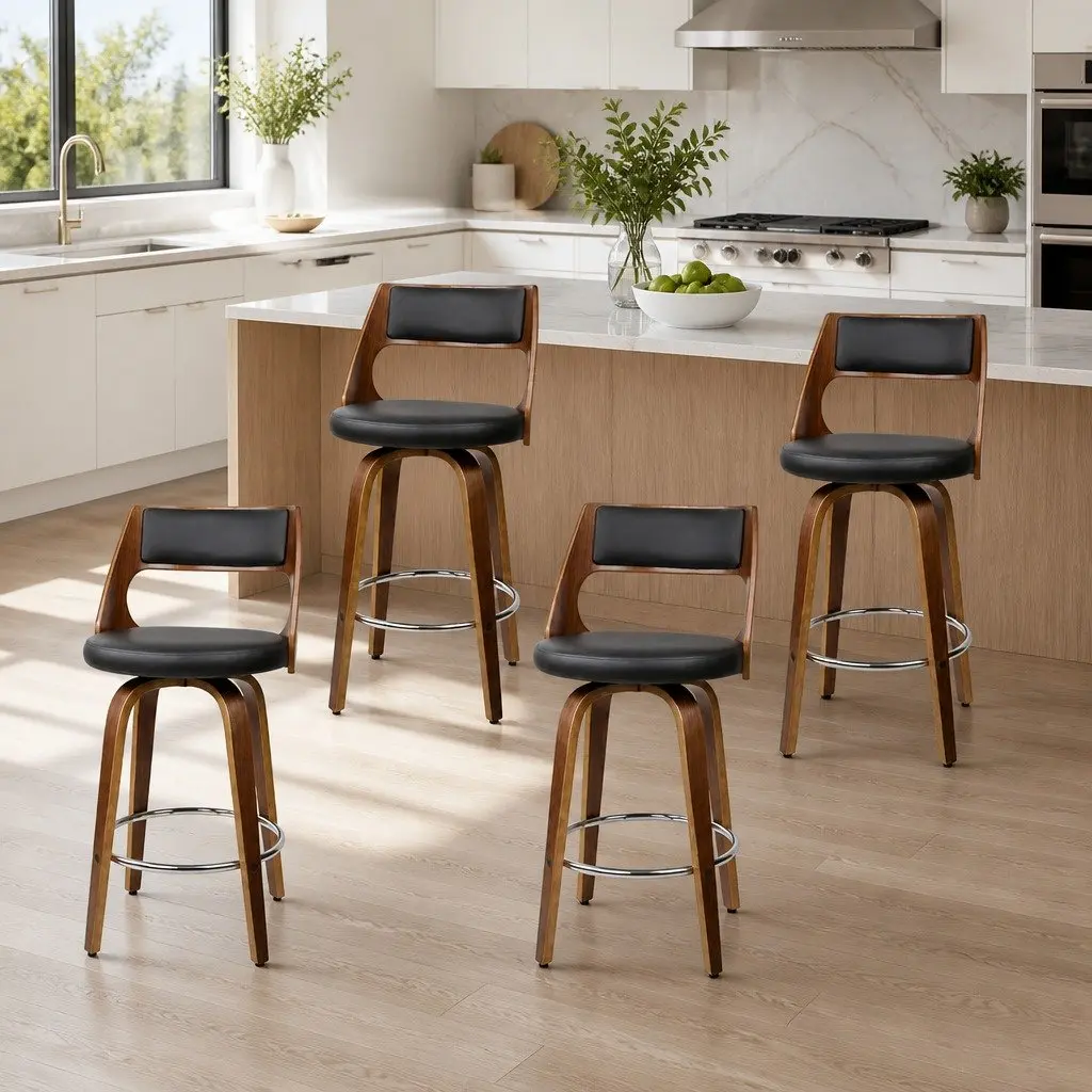 Swivel Bar Stools Set of 4 Black PU Leather Padded Seat Wooden Legs 92cm Height Chrome Footrest