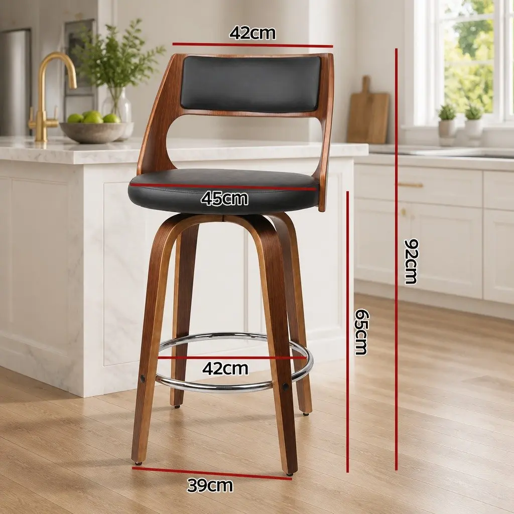 Swivel Bar Stools Set of 4 Black PU Leather Padded Seat Wooden Legs 92cm Height Chrome Footrest