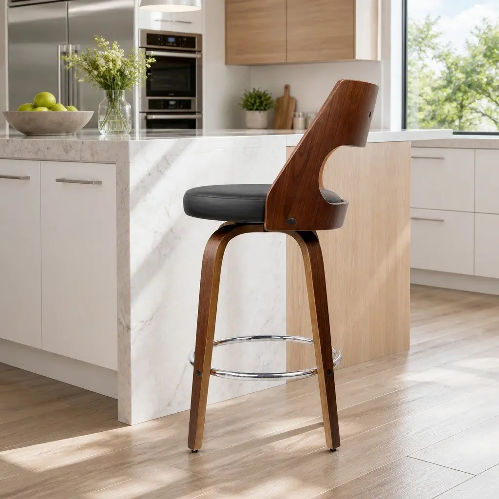 Swivel Bar Stools Set of 4 Black PU Leather Padded Seat Wooden Legs 92cm Height Chrome Footrest
