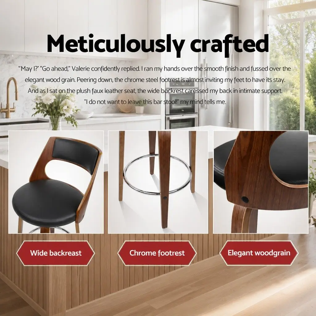 Swivel Bar Stools Set of 4 Black PU Leather Padded Seat Wooden Legs 92cm Height Chrome Footrest