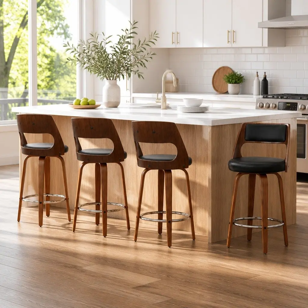 Swivel Bar Stools Set of 4 Black PU Leather Padded Seat Wooden Legs 92cm Height Chrome Footrest