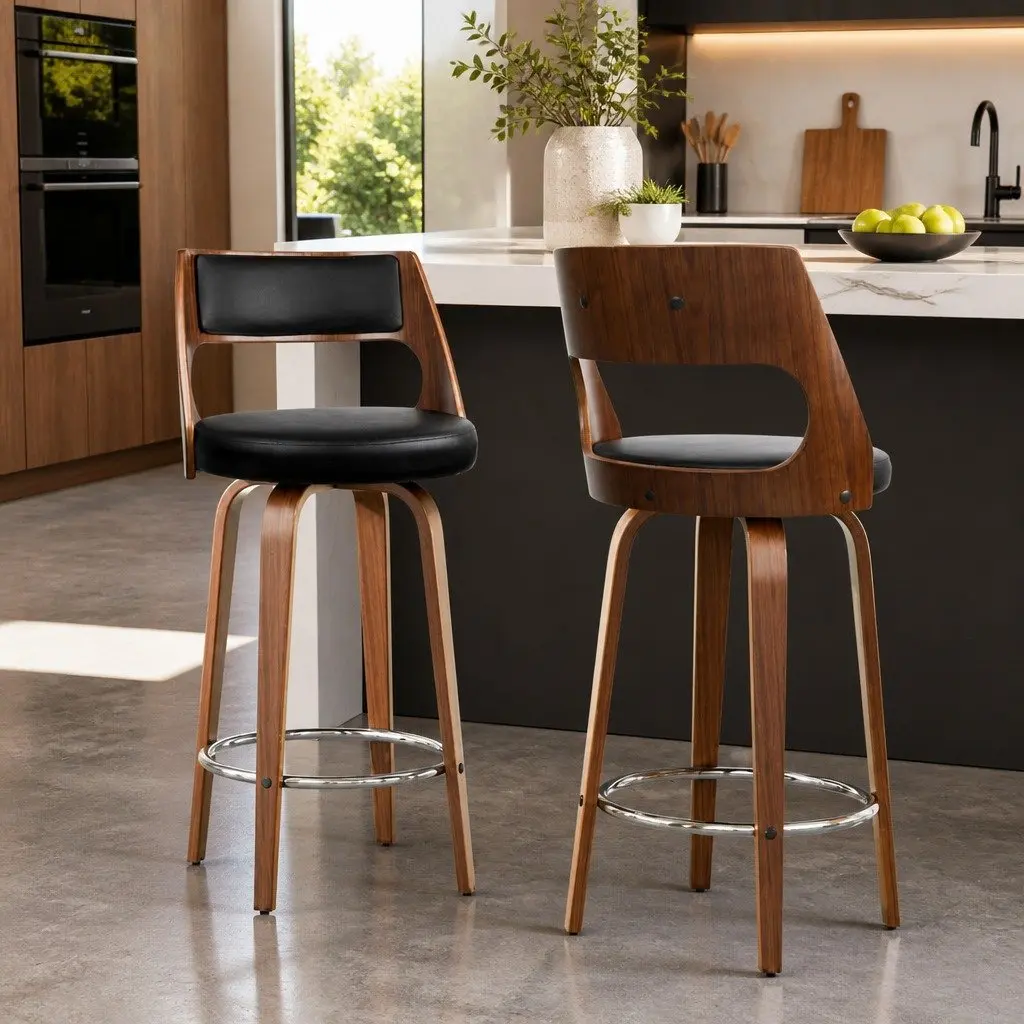 Bar Stools Swivel Chair Black PU Leather Padded Backrest 76cm Seat Height