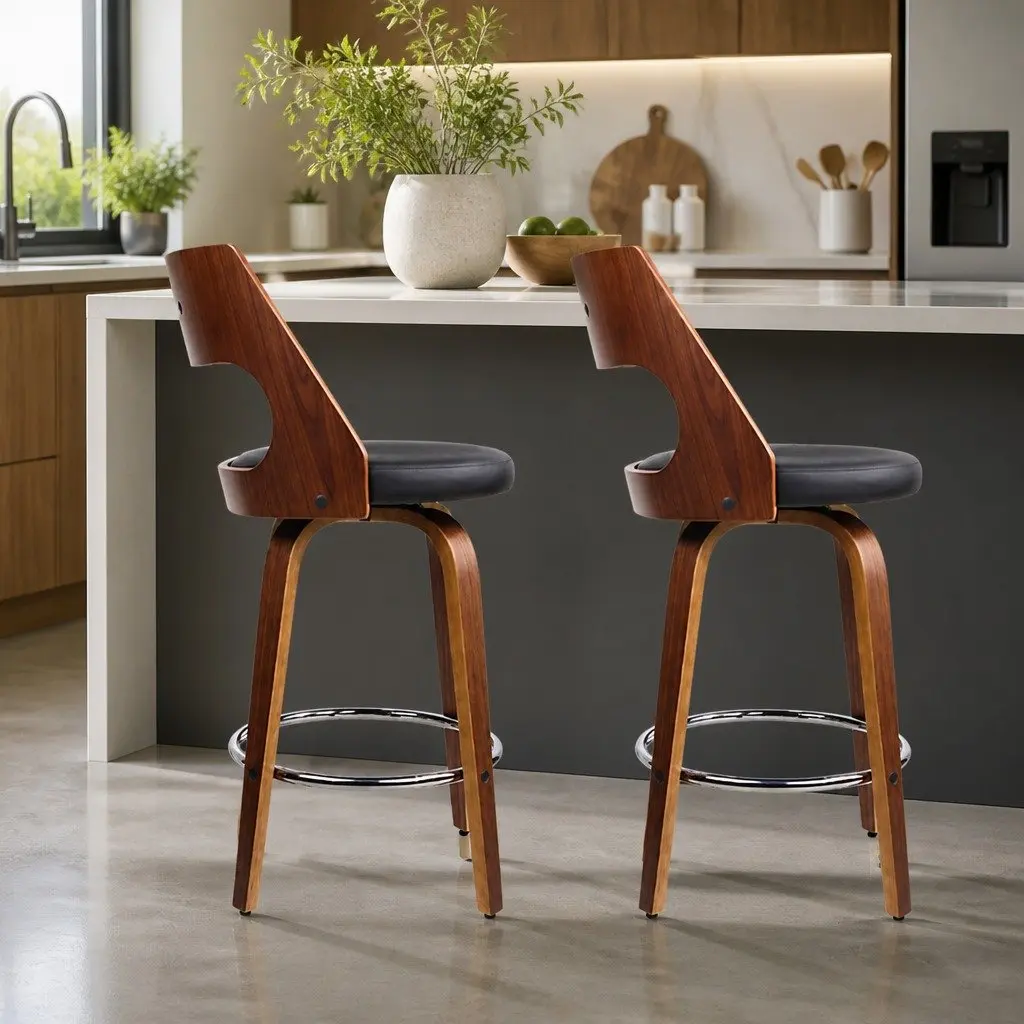 Bar Stools Swivel Chair Black PU Leather Padded Backrest 76cm Seat Height