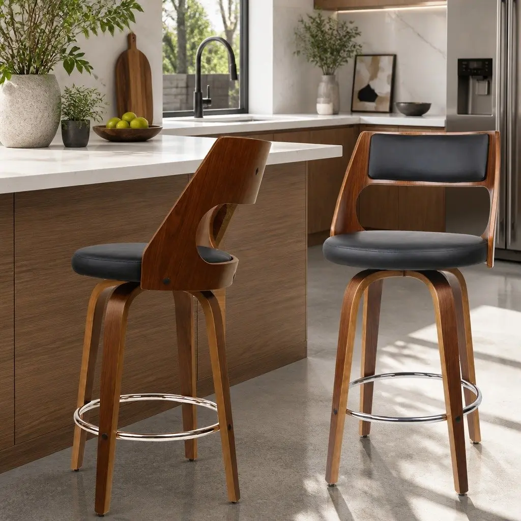 Bar Stools Swivel Chair Black PU Leather Padded Backrest 76cm Seat Height