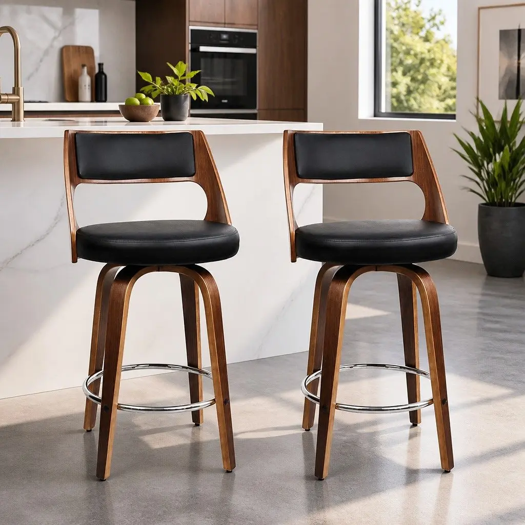 Bar Stools Swivel Chair Black PU Leather Padded Backrest 76cm Seat Height