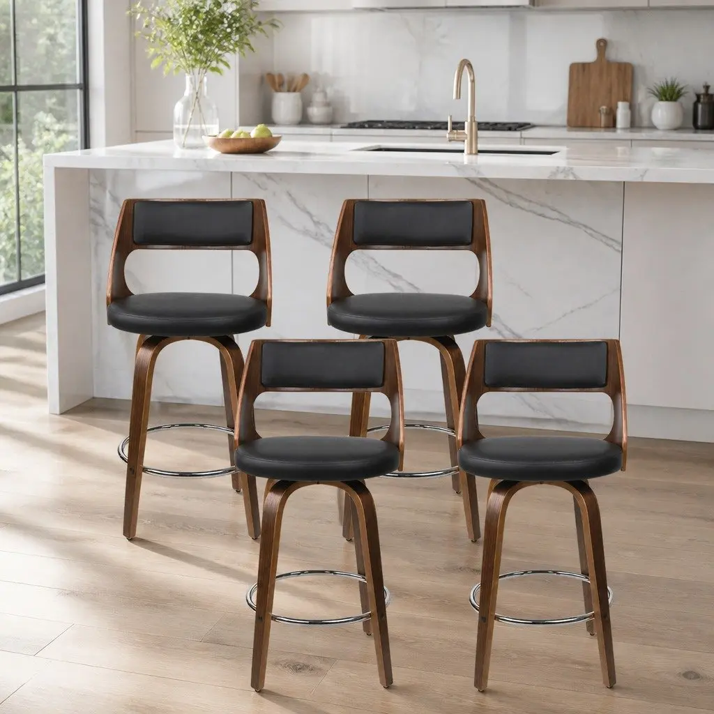 Bar Stools Swivel Chair Set Black Faux Leather 76cm Seat Height