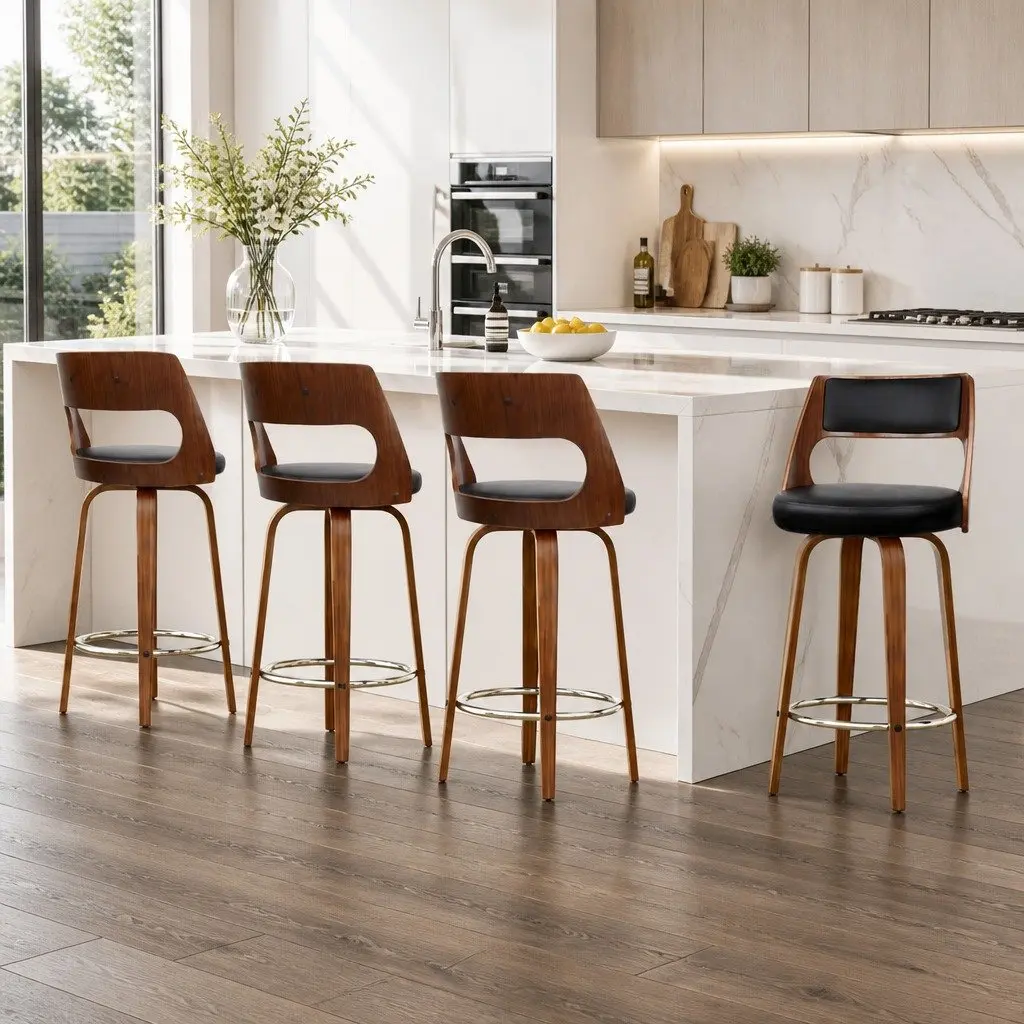 Bar Stools Swivel Chair Set Black Faux Leather 76cm Seat Height