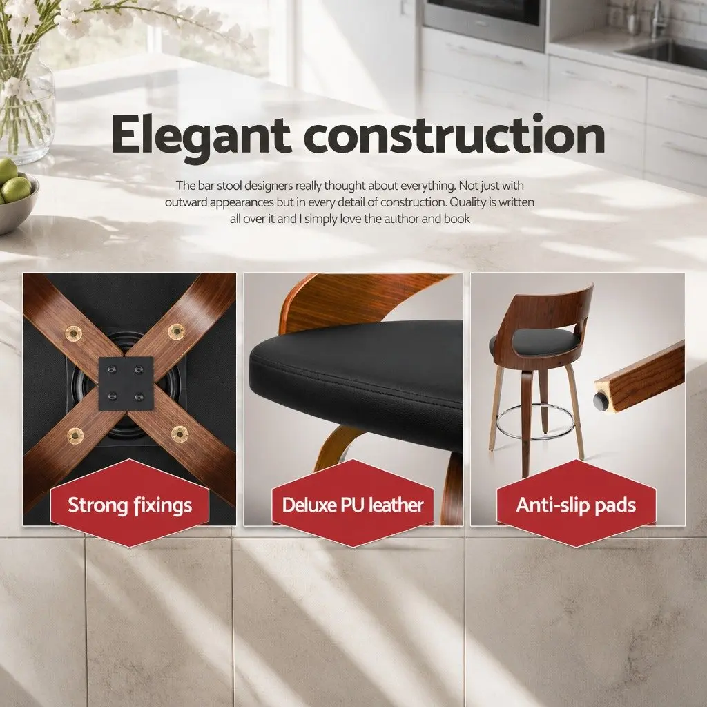 Bar Stools Swivel Chair Set Black Faux Leather 76cm Seat Height