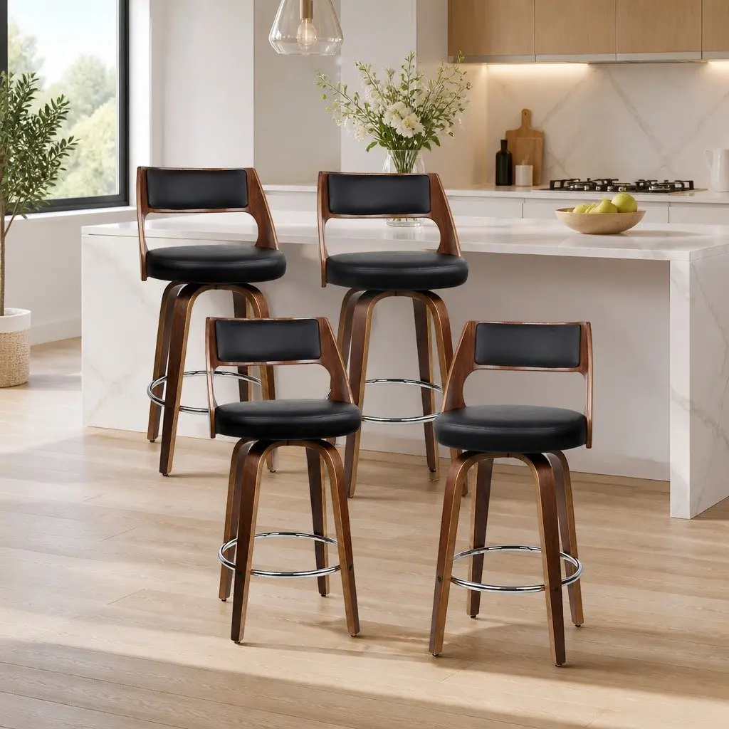 Bar Stools Swivel Chair Set Black Faux Leather 76cm Seat Height