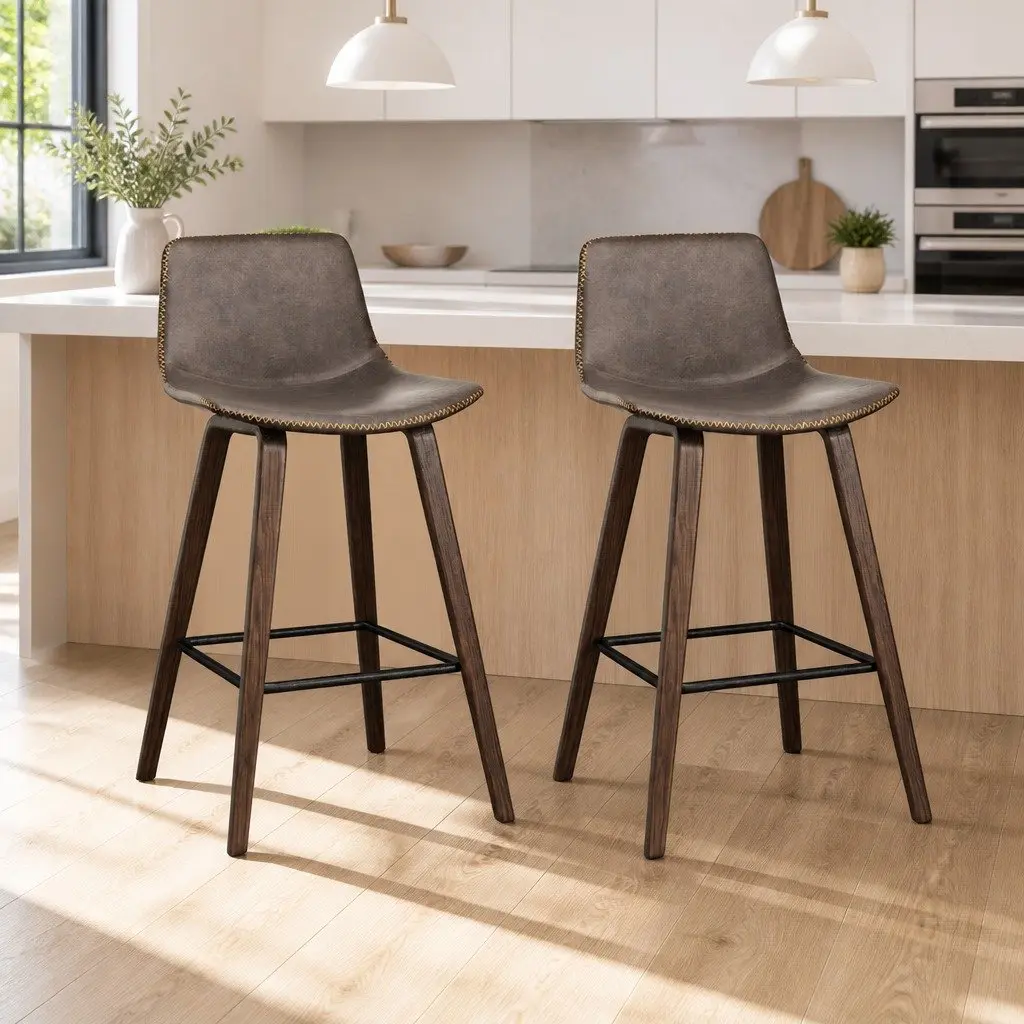 Bar Stools Wooden Backrest Metal Footrest Brown Walnut 2 Piece