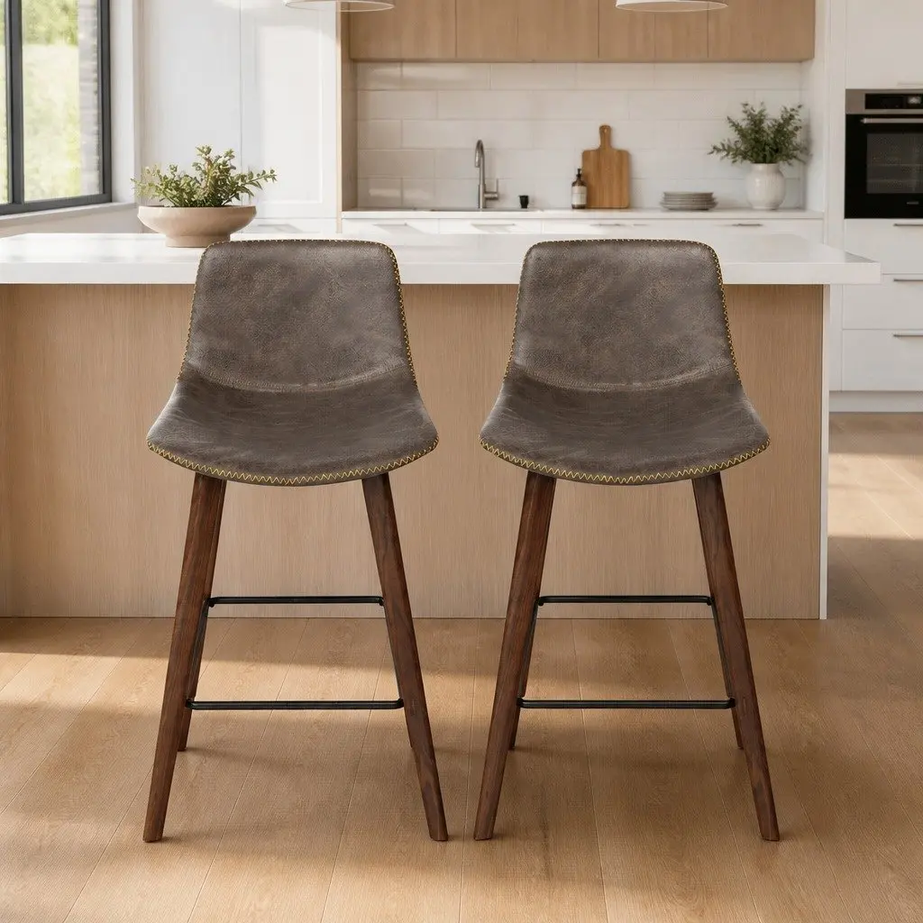Bar Stools Wooden Backrest Metal Footrest Brown Walnut 2 Piece