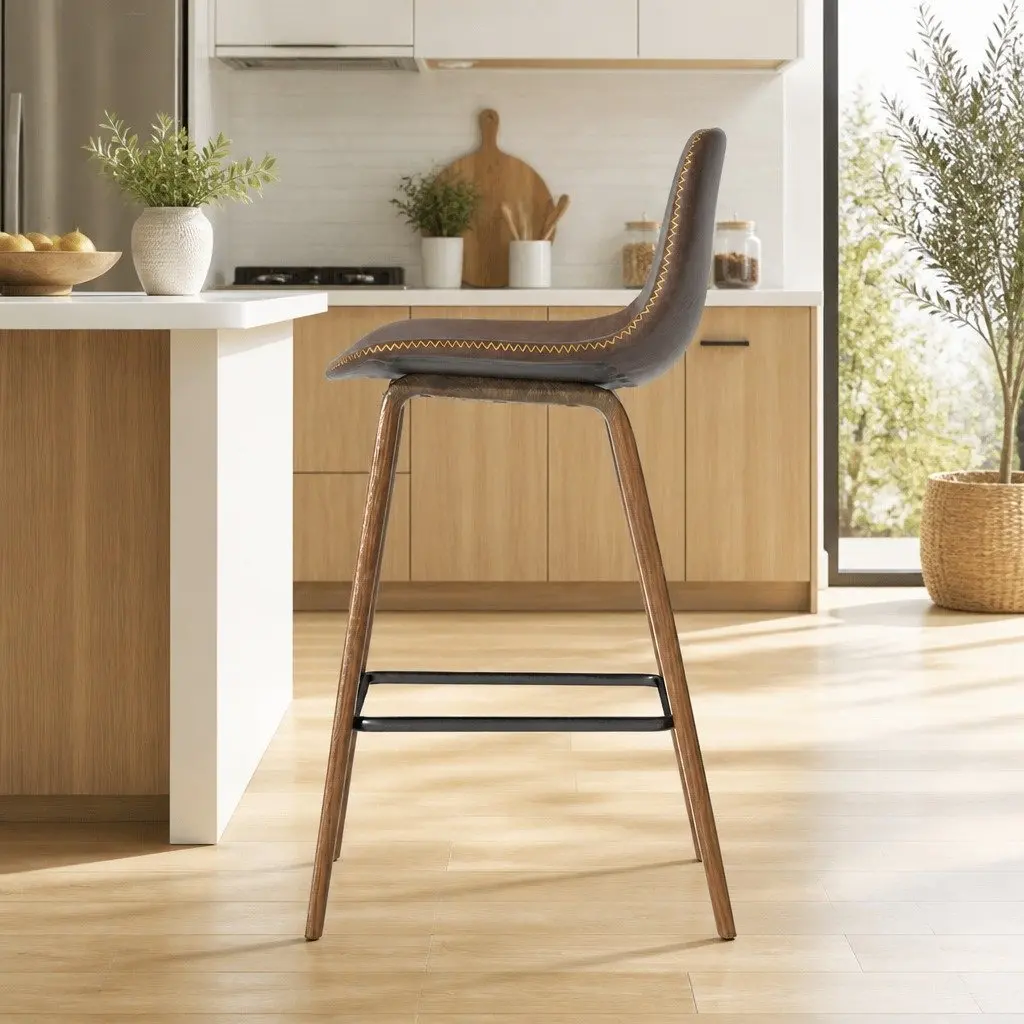 Bar Stools Wooden Backrest Metal Footrest Brown Walnut 2 Piece