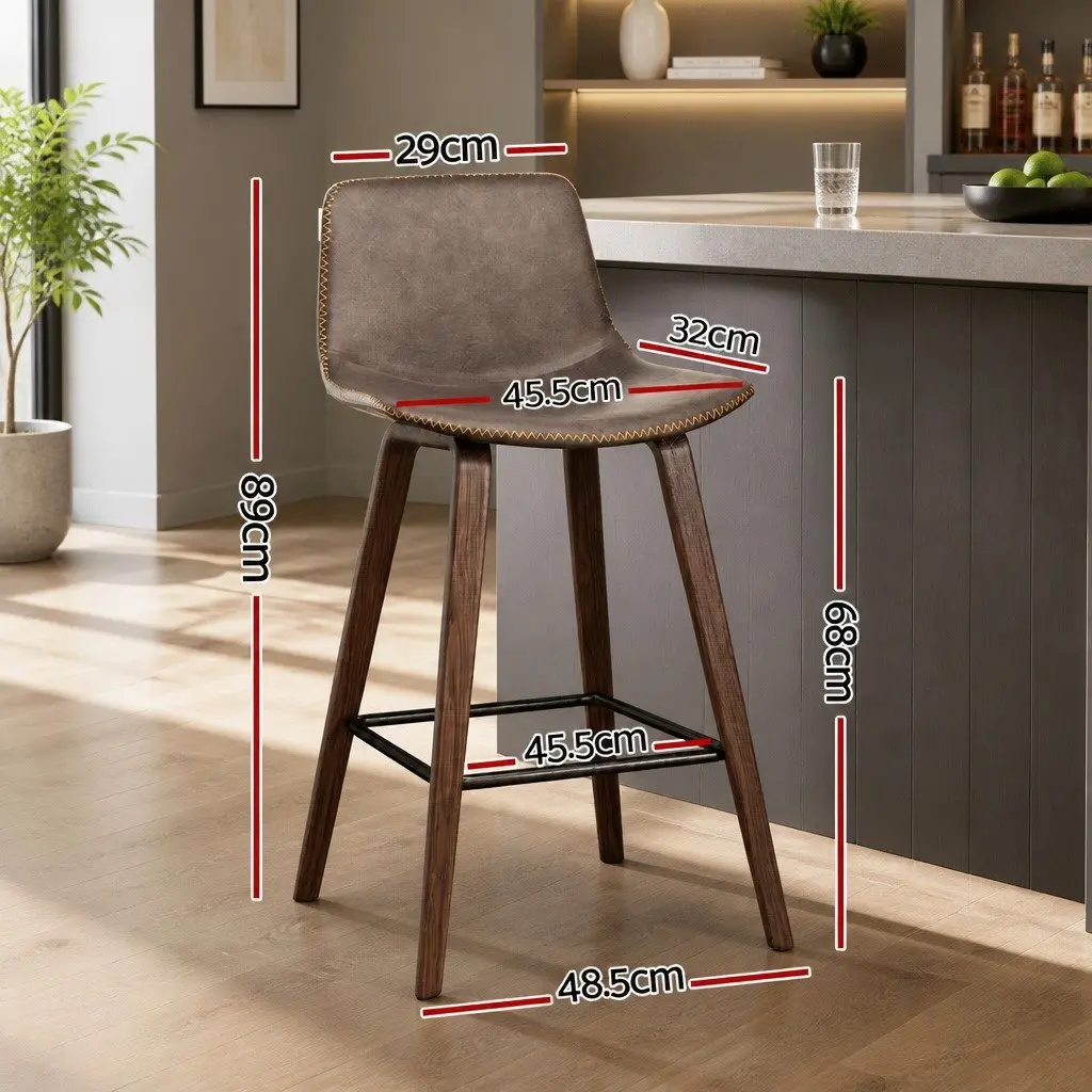 Bar Stools Wooden Bentwood Mid-Height Backrest Brown PU Leather Padded 4 Piece