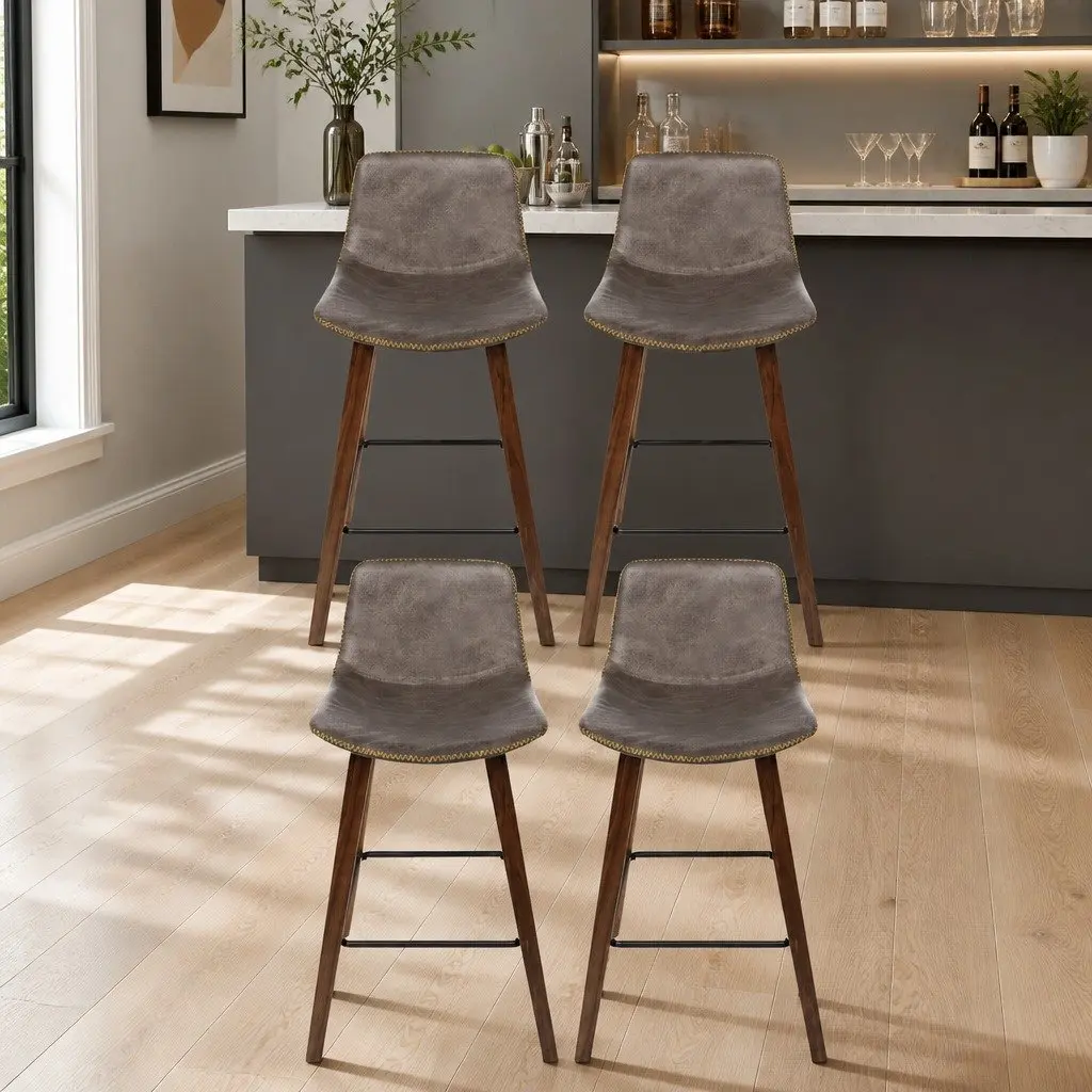Bar Stools Wooden Bentwood Mid-Height Backrest Brown PU Leather Padded 4 Piece
